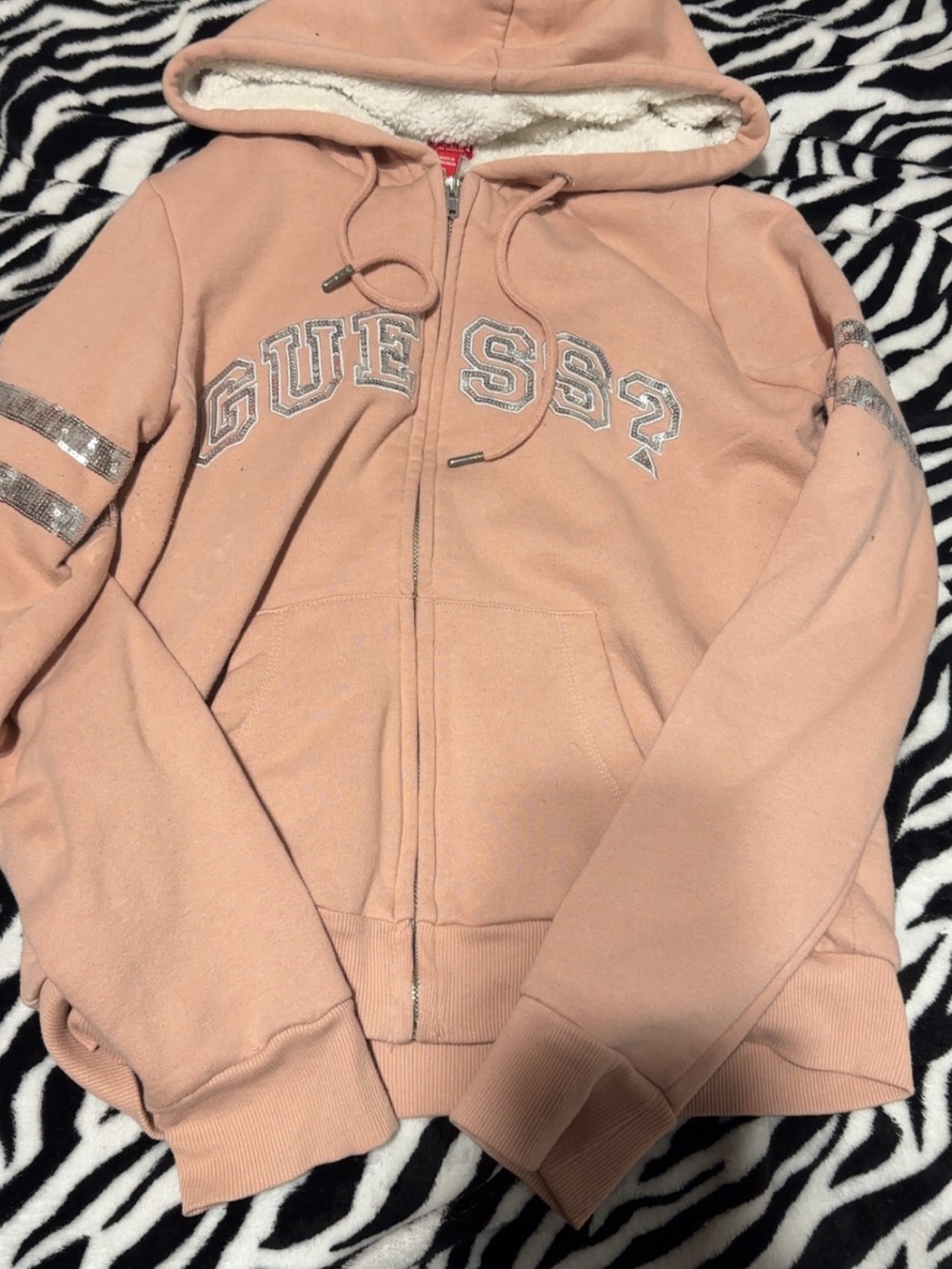 Guess Blush Pink Sherpa-Lined Zip Hoodie with Sequin Stripes